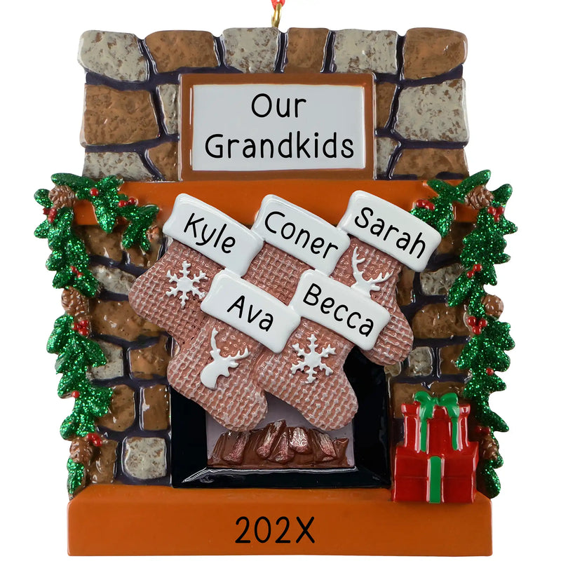 Personalized family of 5 Christmas ornament, a rustic stone fireplace with five named stockings, garland, and a lit hearth, engraved with the family name and year