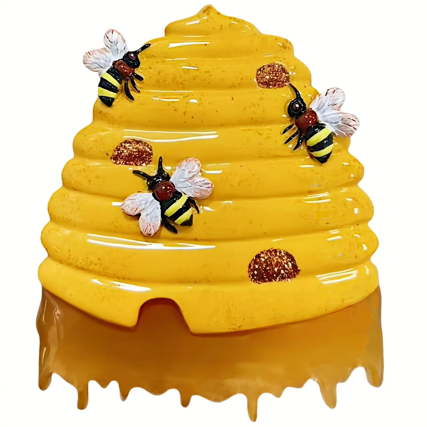 Honey beehive personalized Christmas ornament shown blank, golden hive with bees and honeycomb, ready to add a name and year