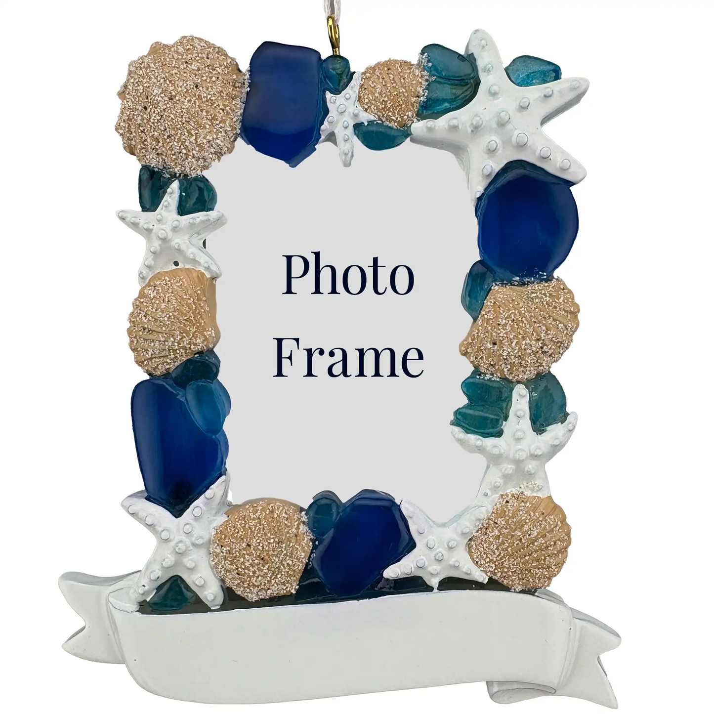 Beach seashells photo frame personalized Christmas ornament shown blank, shell and sea glass frame with empty banner before laser engraving