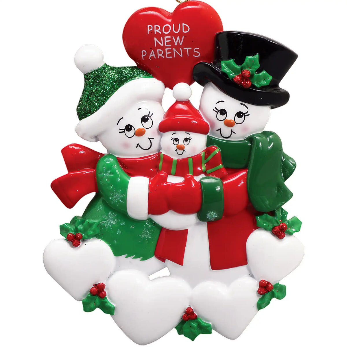 Blank new parents snowman ornament shown before personalization