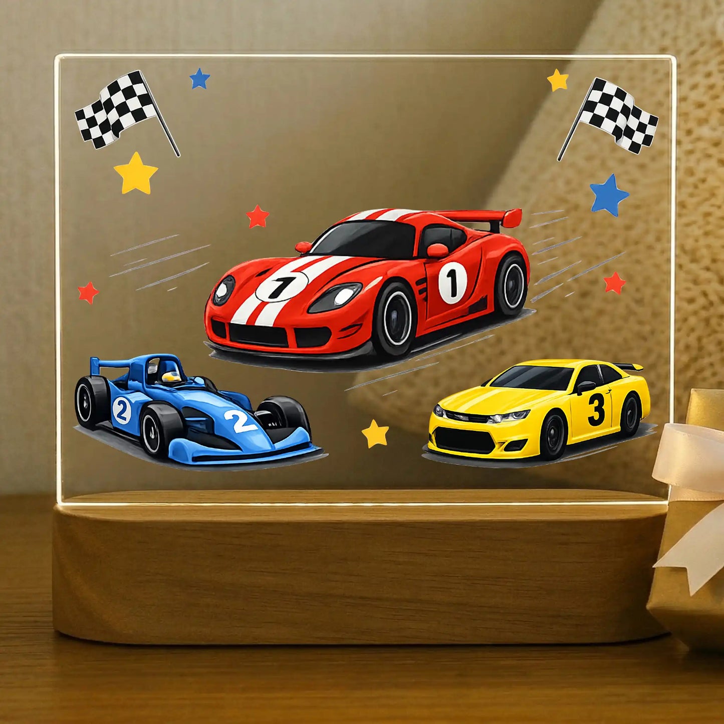 Blank personalized race car night light acrylic plate with UV printed red sport car blue F1 car yellow stock car checkered flags and colored stars, boys room decor