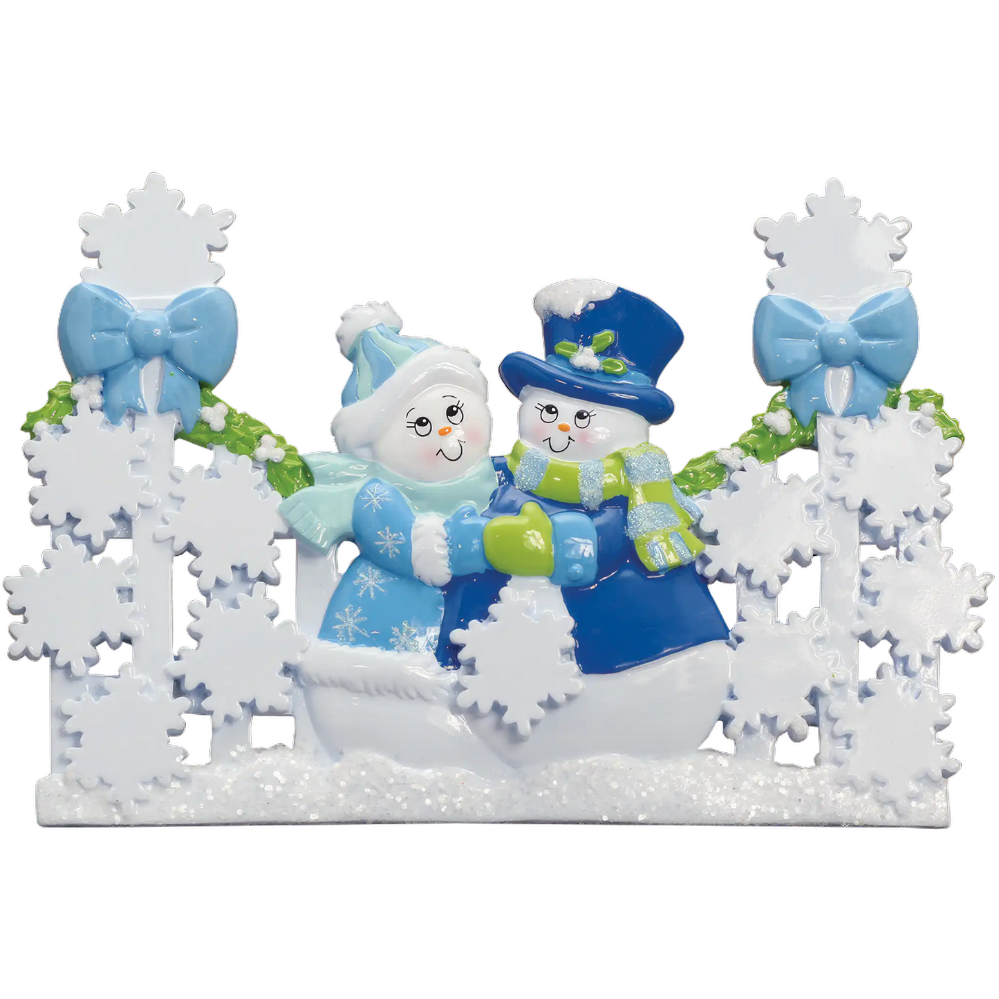 Decoración navideña de mesa azul con pareja de muñecos de nieve