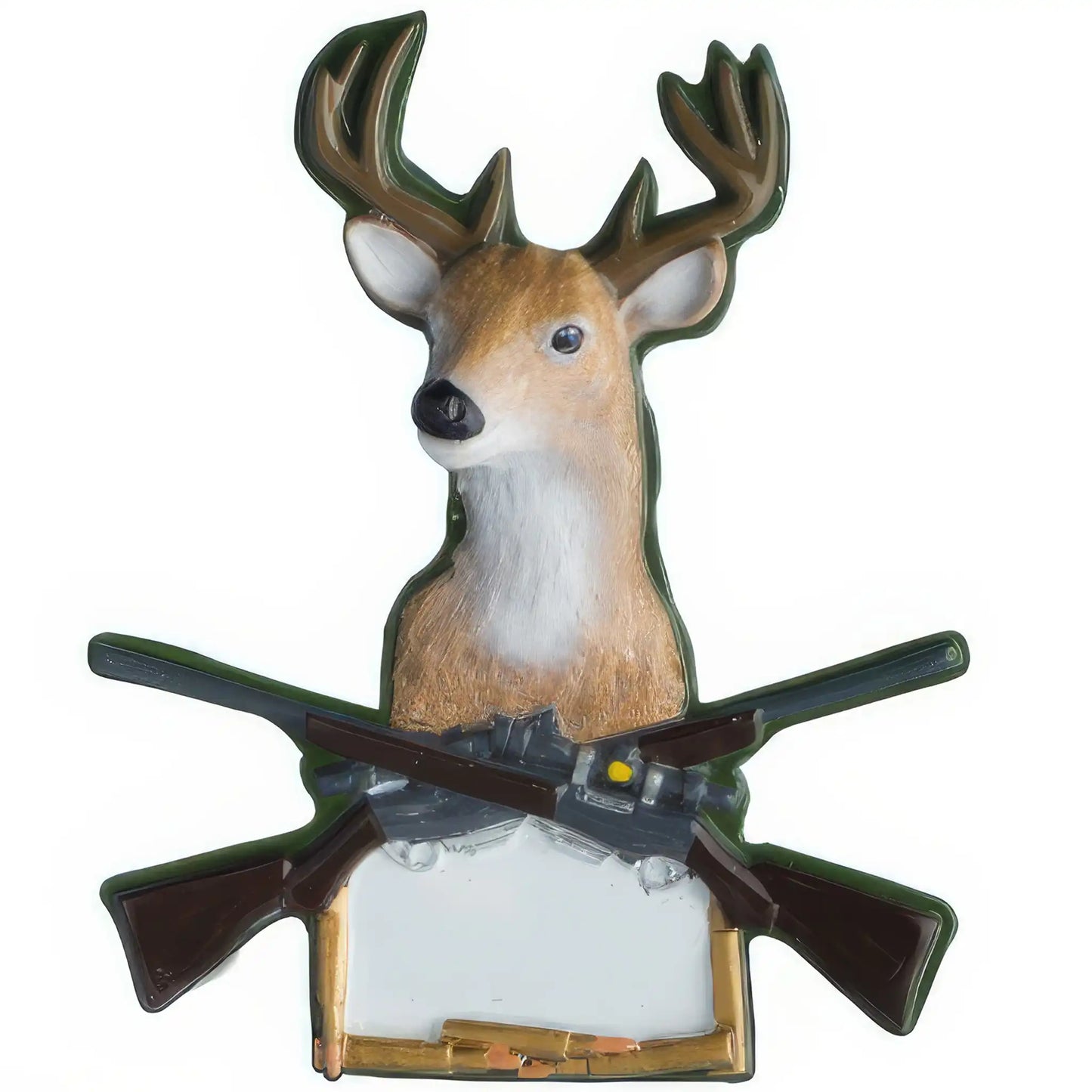 Personalized deer hunting Christmas ornament with buck head, antlers, crossed rifles with scope and cartridge belt, customizable with name and year