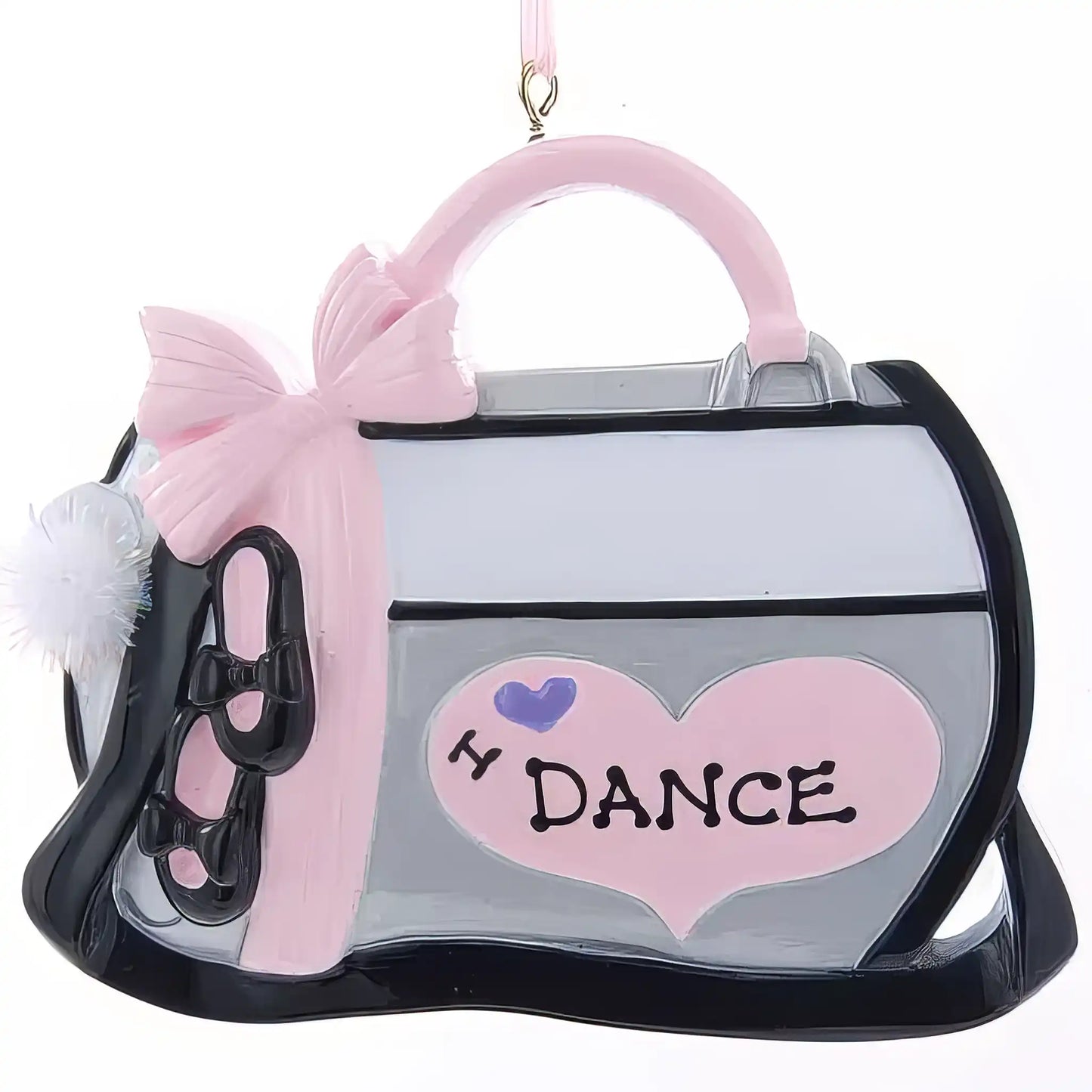 Personalized I Love Dance bag Christmas ornament with pink tutu, ballet slippers and heart, customizable with name and year
