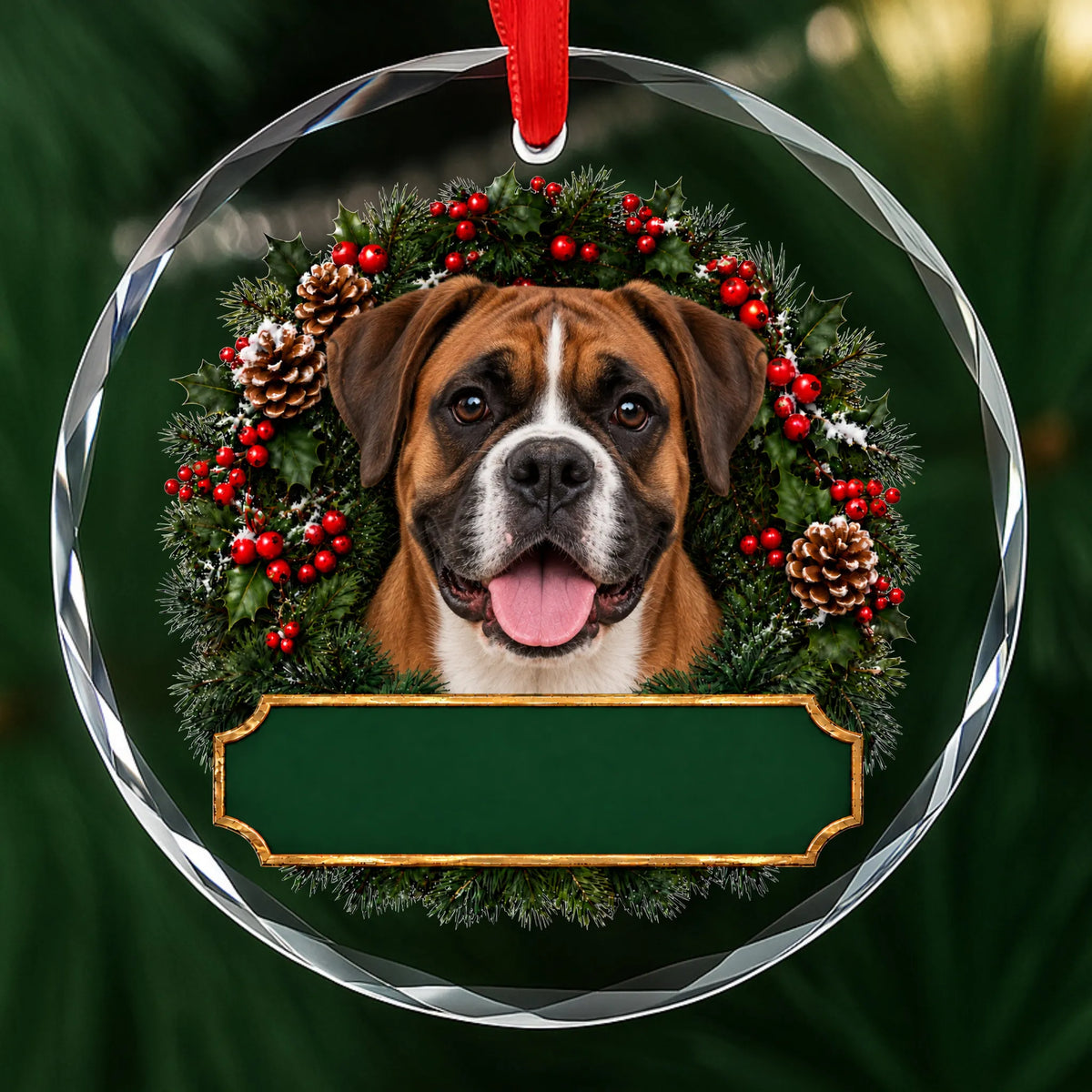 Boxer festive wreath glass Christmas ornament with a blank green plaque, ready to personalize