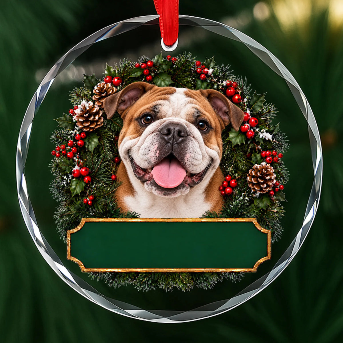 Bulldog festive wreath glass Christmas ornament with a blank green plaque, ready to personalize