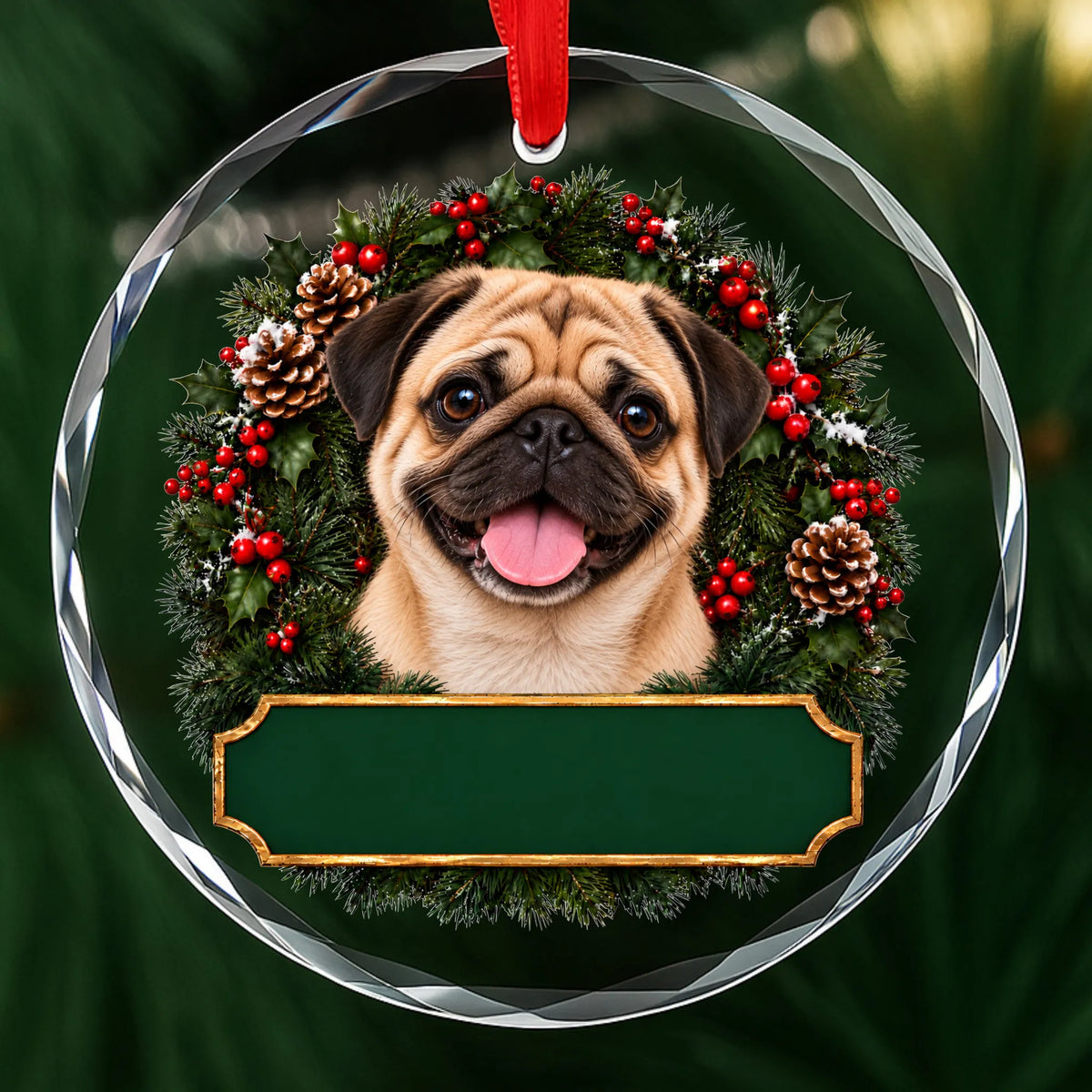 Fawn Pug festive wreath glass Christmas ornament with a blank green plaque, ready to personalize