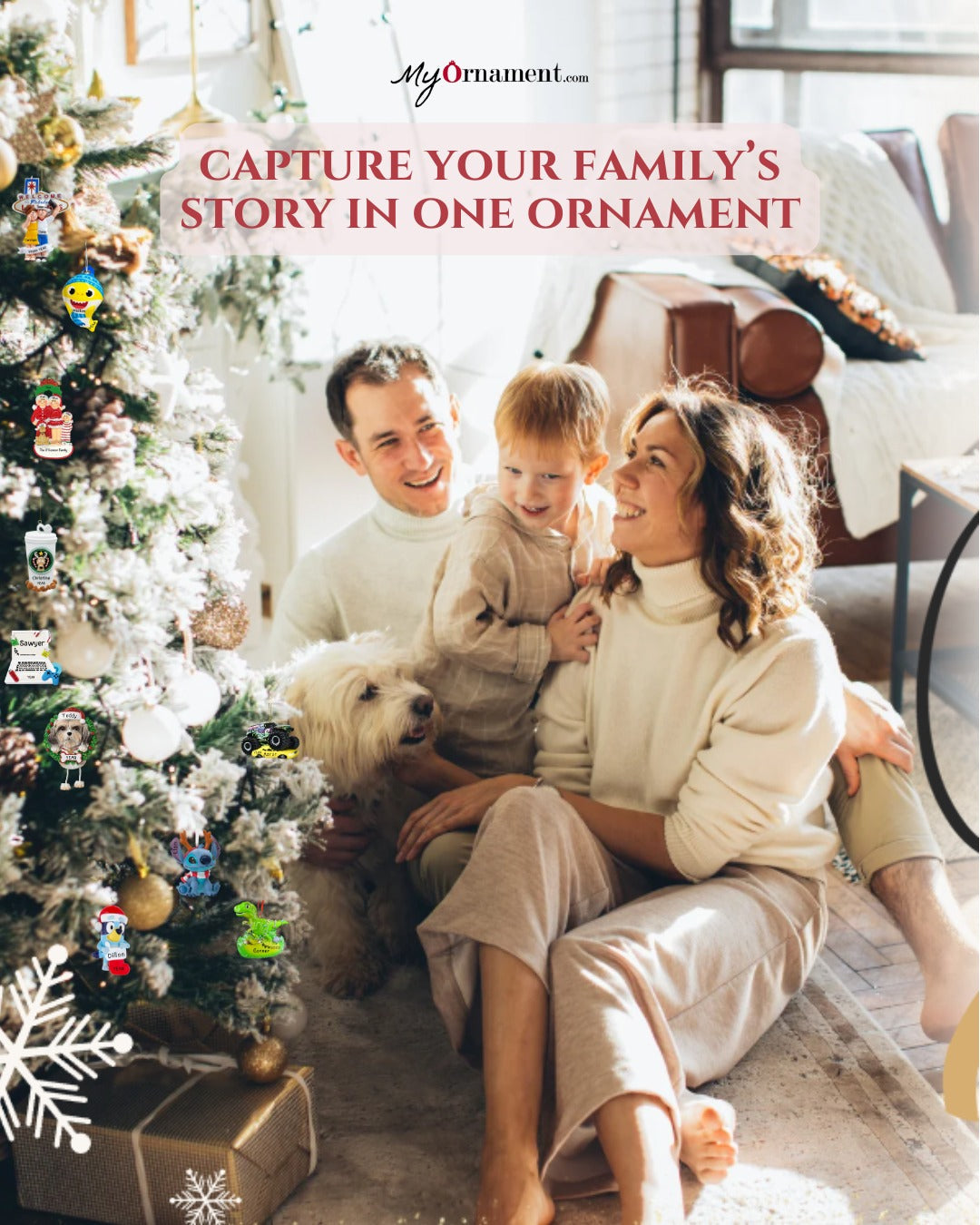 A My Ornament poster featuring a smiling family standing beside a decorated Christmas tree with personalized ornaments.