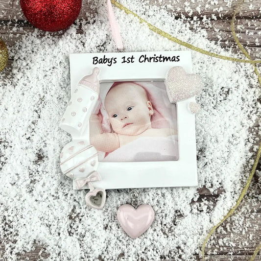 Baby's First Picture Frame Christmas Ornament in Pink from MyOrnament. 