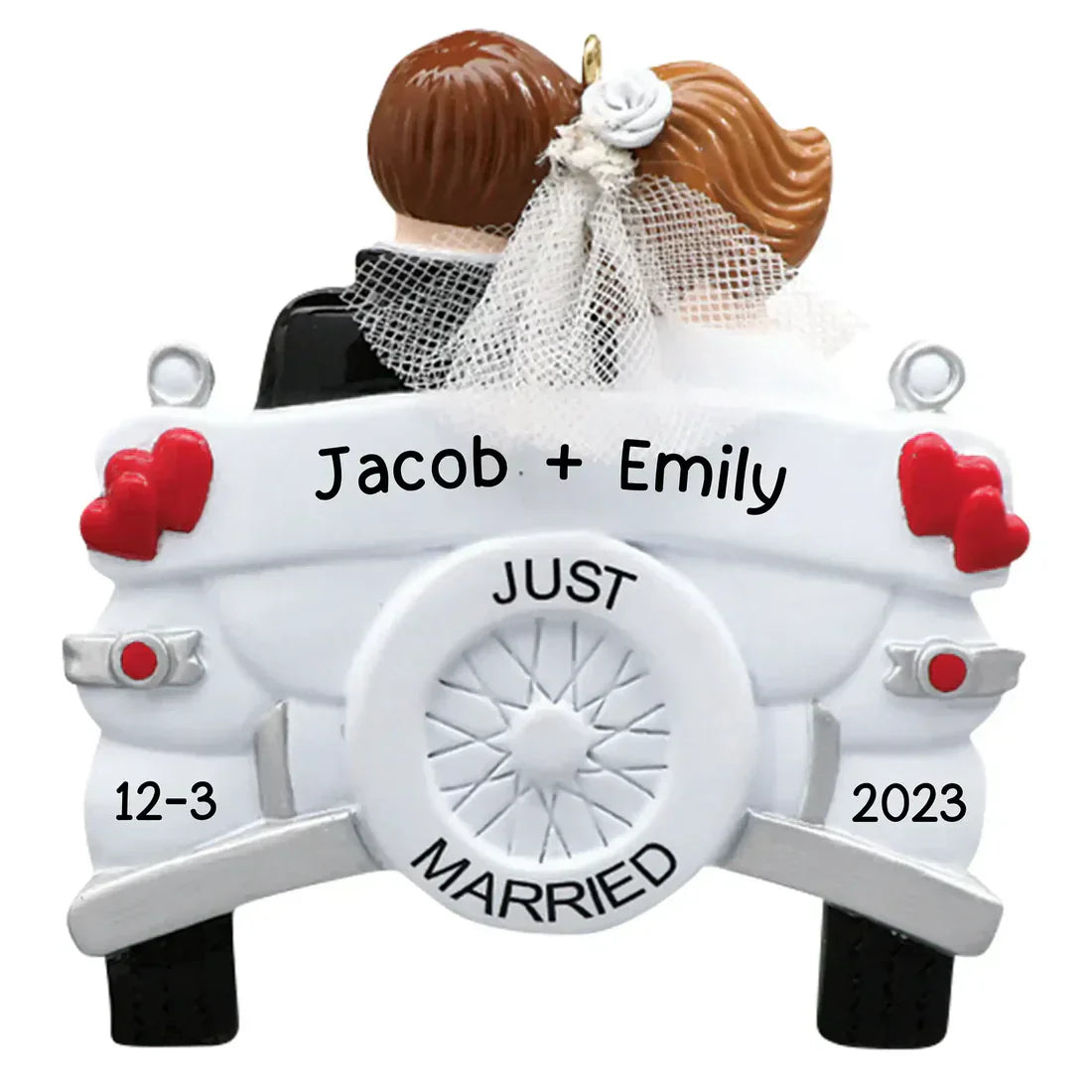A Just Married Ornament crafted from durable resin, personalized with the bride and groom’s names.
