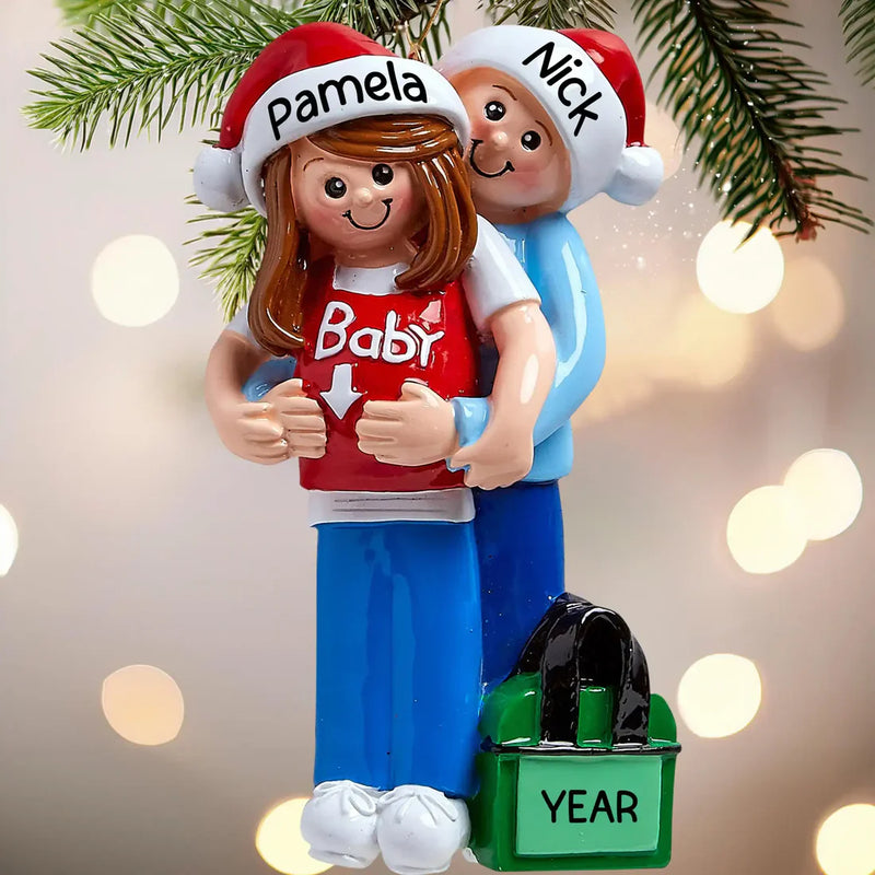 Its A Baby Expecting Couple Personalized Ornament sweet pregnancy announcement ornament featuring expecting couple design with customizable names and due date