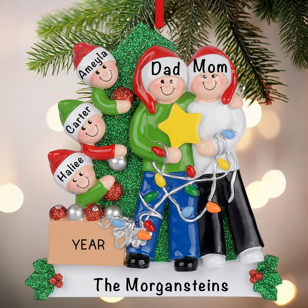 MyOrnament personalized family ornament with parents, three children, custom names, family name, and year.