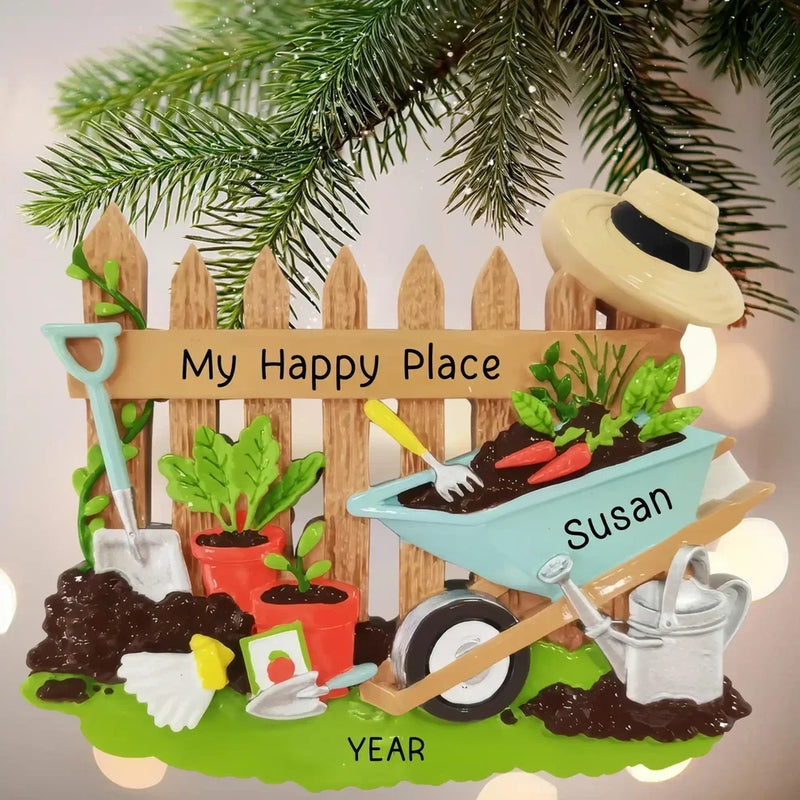 MyOrnament personalized gardening ornament with wheelbarrow, garden tools, vegetables, custom name, year, and “My Happy Place” sign.