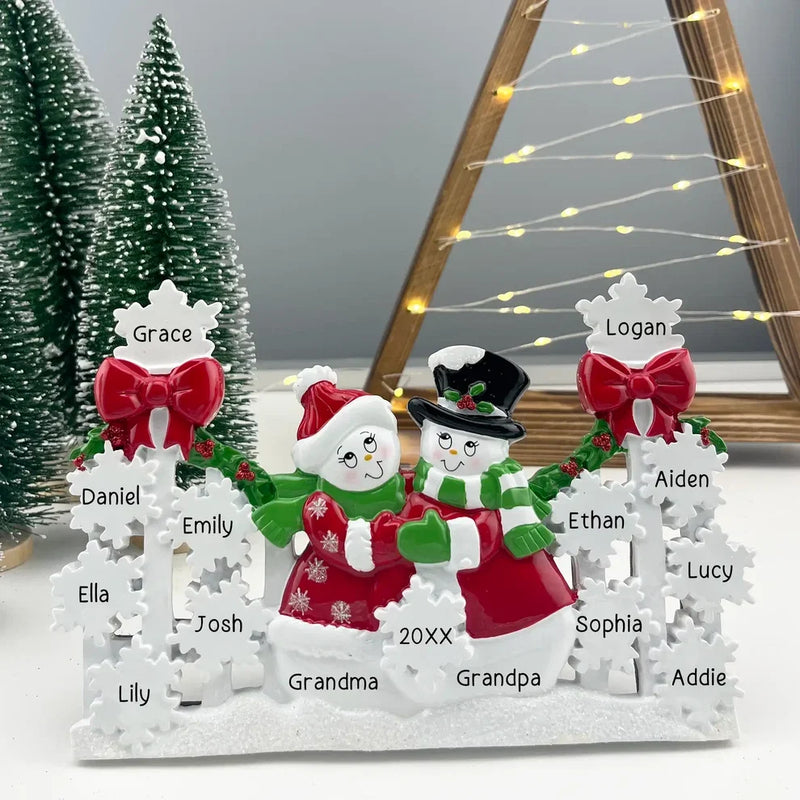 MyOrnament personalized grandparents ornament with snow couple, custom family names, grandchildren, and year display.