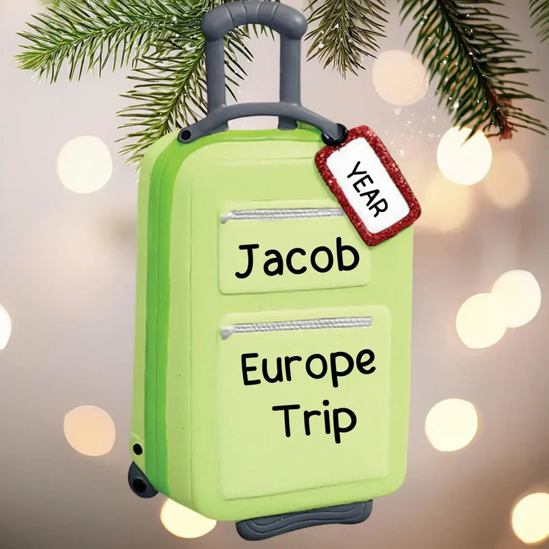 MyOrnament personalized green suitcase travel ornament with custom name, Europe trip destination, and travel year.