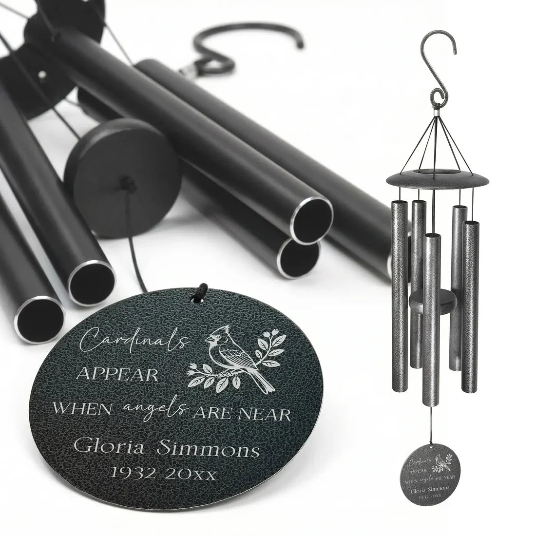 MyOrnament personalized memorial wind chime with engraved cardinal tag, custom name, dates, and sympathy message.