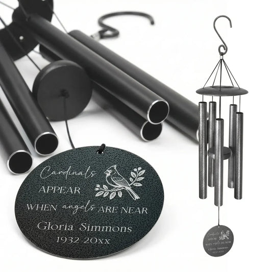 MyOrnament personalized memorial wind chime with engraved cardinal tag, custom name, dates, and sympathy message.