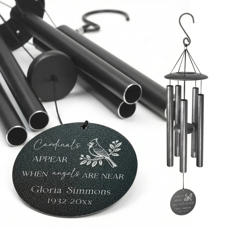 MyOrnament personalized memorial wind chime with engraved cardinal tag, custom name, dates, and sympathy message.