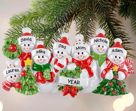 Personalized Snowman Family Keepsake ornament with family names for a growing grandparent tree tradition