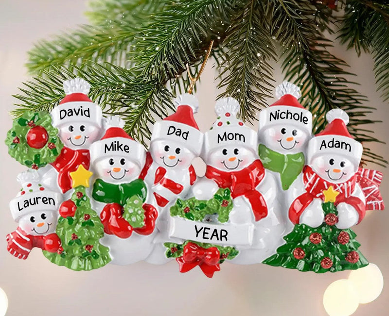 Personalized Snowman Family Keepsake ornament with family names for a growing grandparent tree tradition