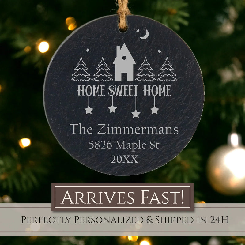 MyOrnament personalized new home ornament with family name, address, move-in year, and "Home Sweet Home" design.