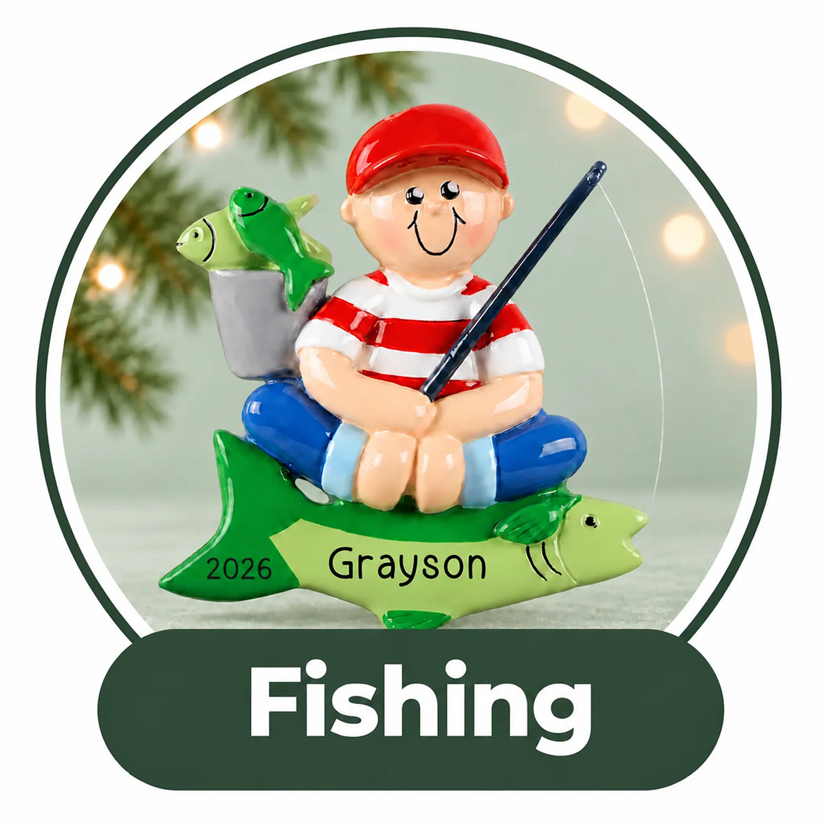 Personalized fishing Christmas ornament: boy in a red cap fishing while sitting on a big green fish, custom name and year