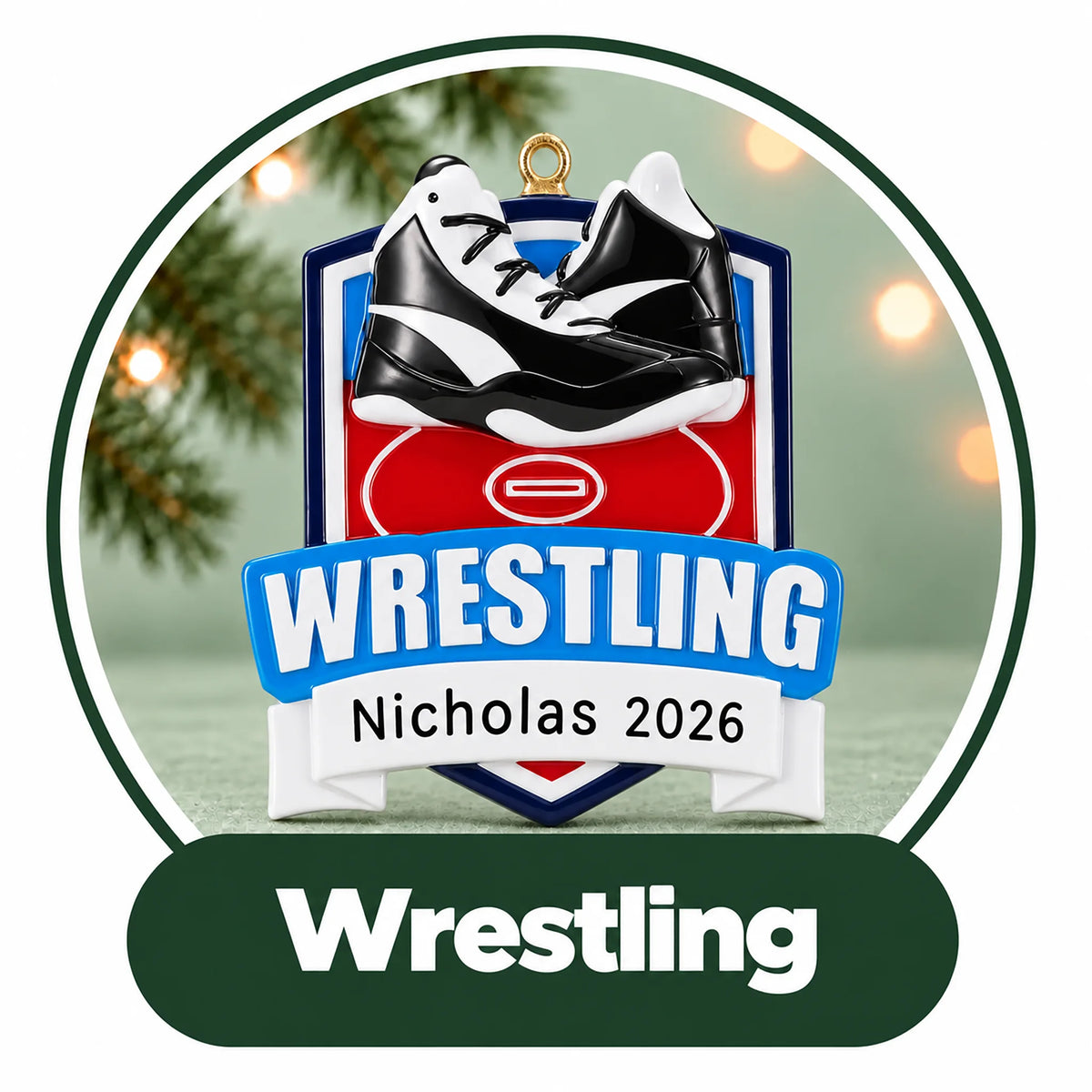 Personalized wrestling Christmas ornament: wrestling shoes above a mat shield with custom name and year banner