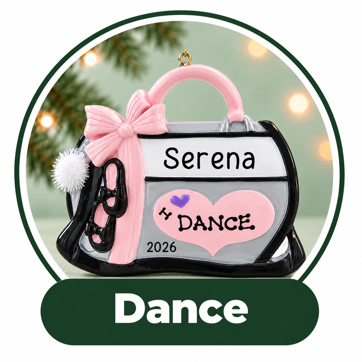 Personalized dance Christmas ornament: pink and black dance bag with a bow and heart, custom name and year