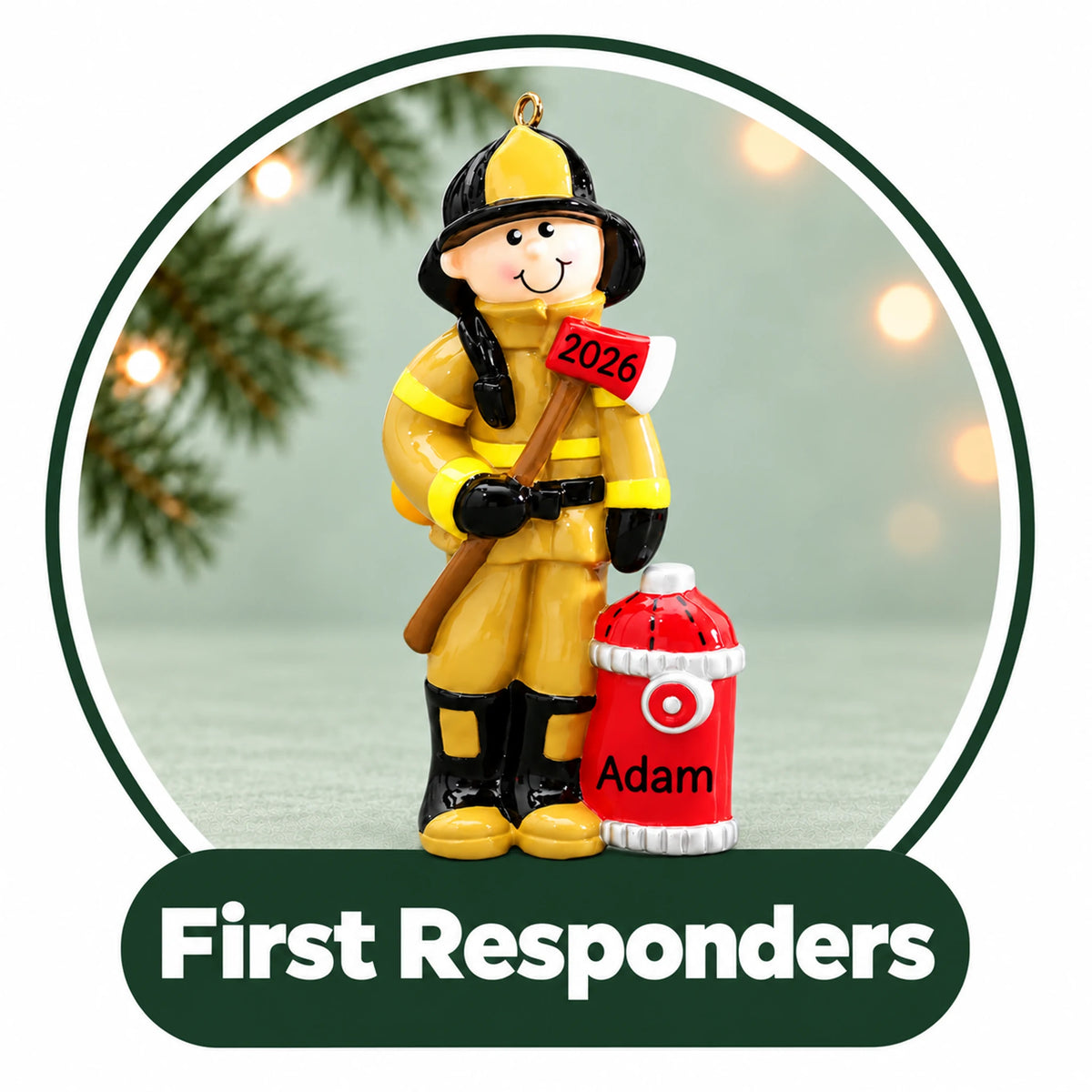 Personalized first responder Christmas ornament: firefighter with an axe beside a red fire hydrant, custom name and year