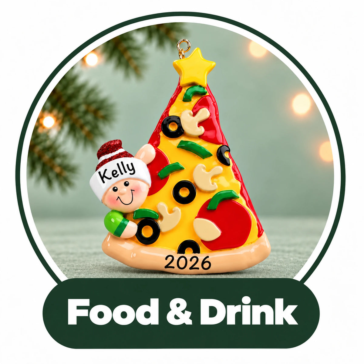 Personalized food and drink Christmas ornament: pizza slice shaped like a tree with a little chef, custom name and year