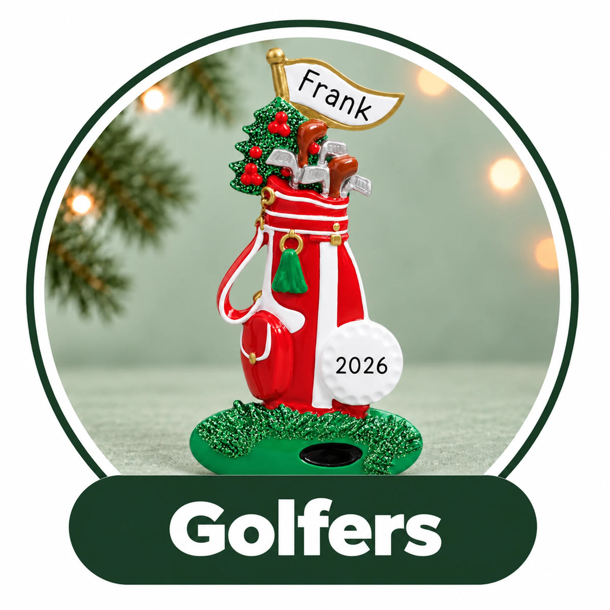 Personalized golf Christmas ornament: red golf bag on a putting green with a custom name flag and year golf ball