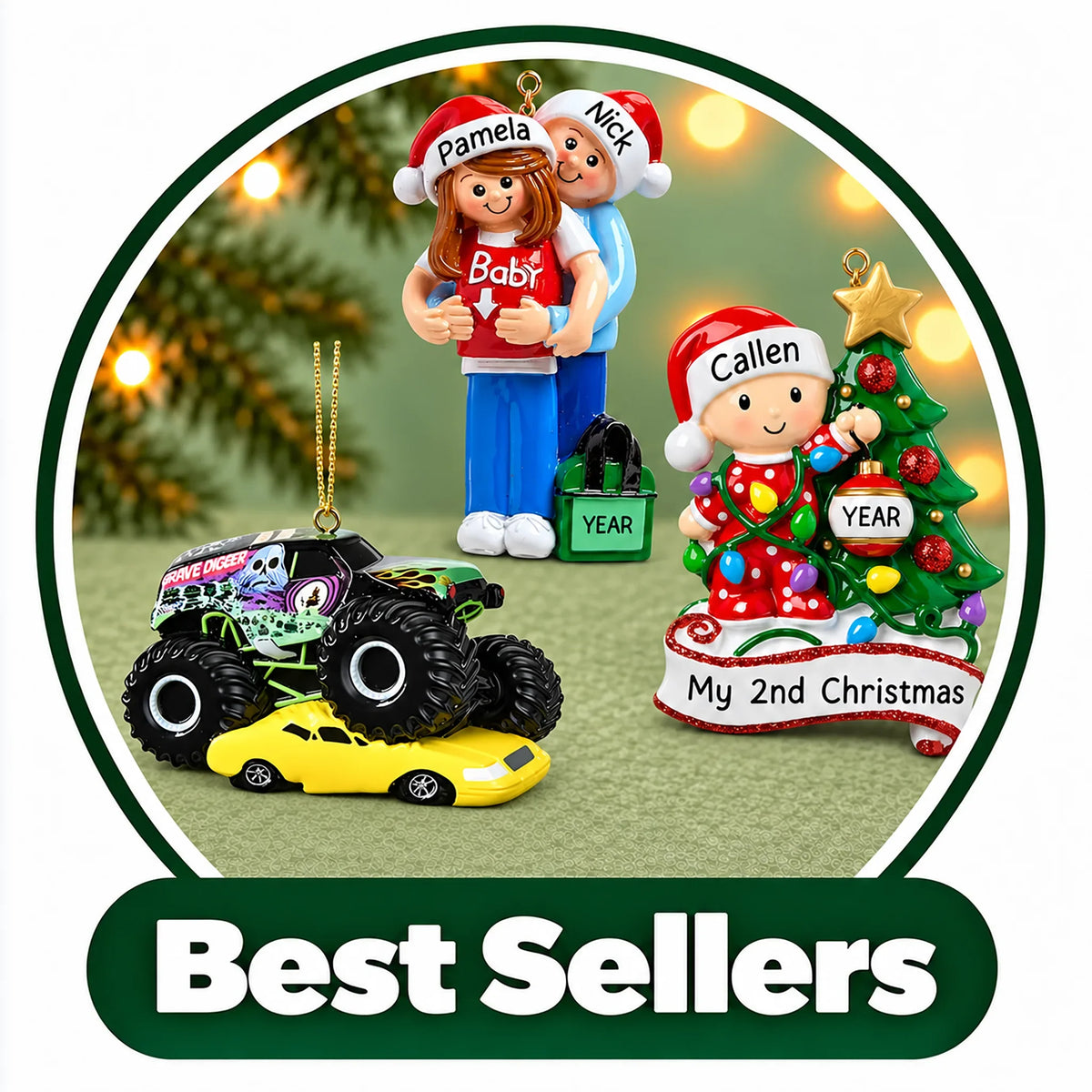 Best selling personalized ornaments: expecting couple, monster truck and baby's 2nd Christmas, each with names and year