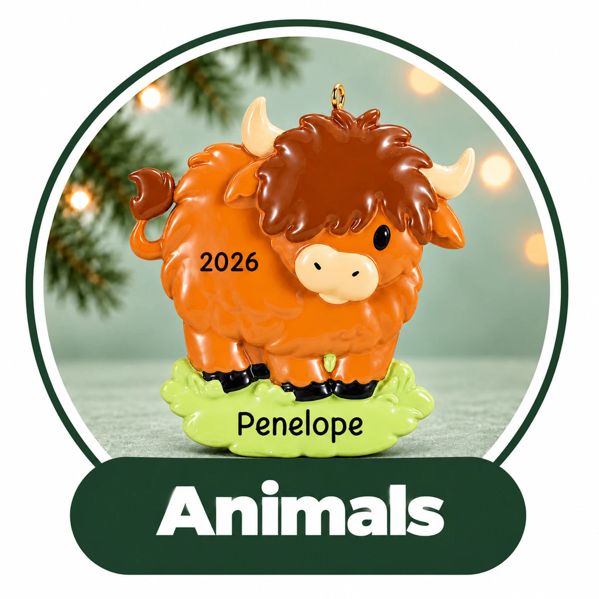 Personalized animal Christmas ornament: fluffy Highland cow standing on grass with custom name and year