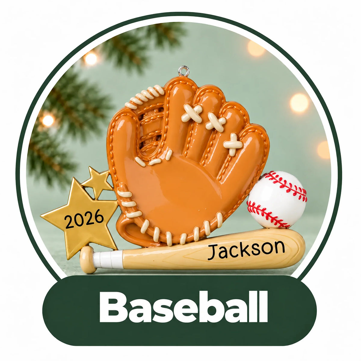Personalized baseball Christmas ornament: leather glove, ball and bat with custom name and a year star