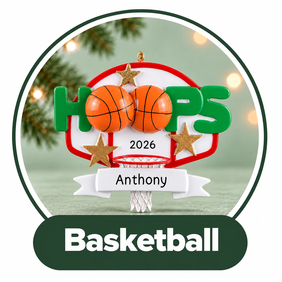 Personalized basketball Christmas ornament: Hoops backboard with two basketballs and a custom name banner and year