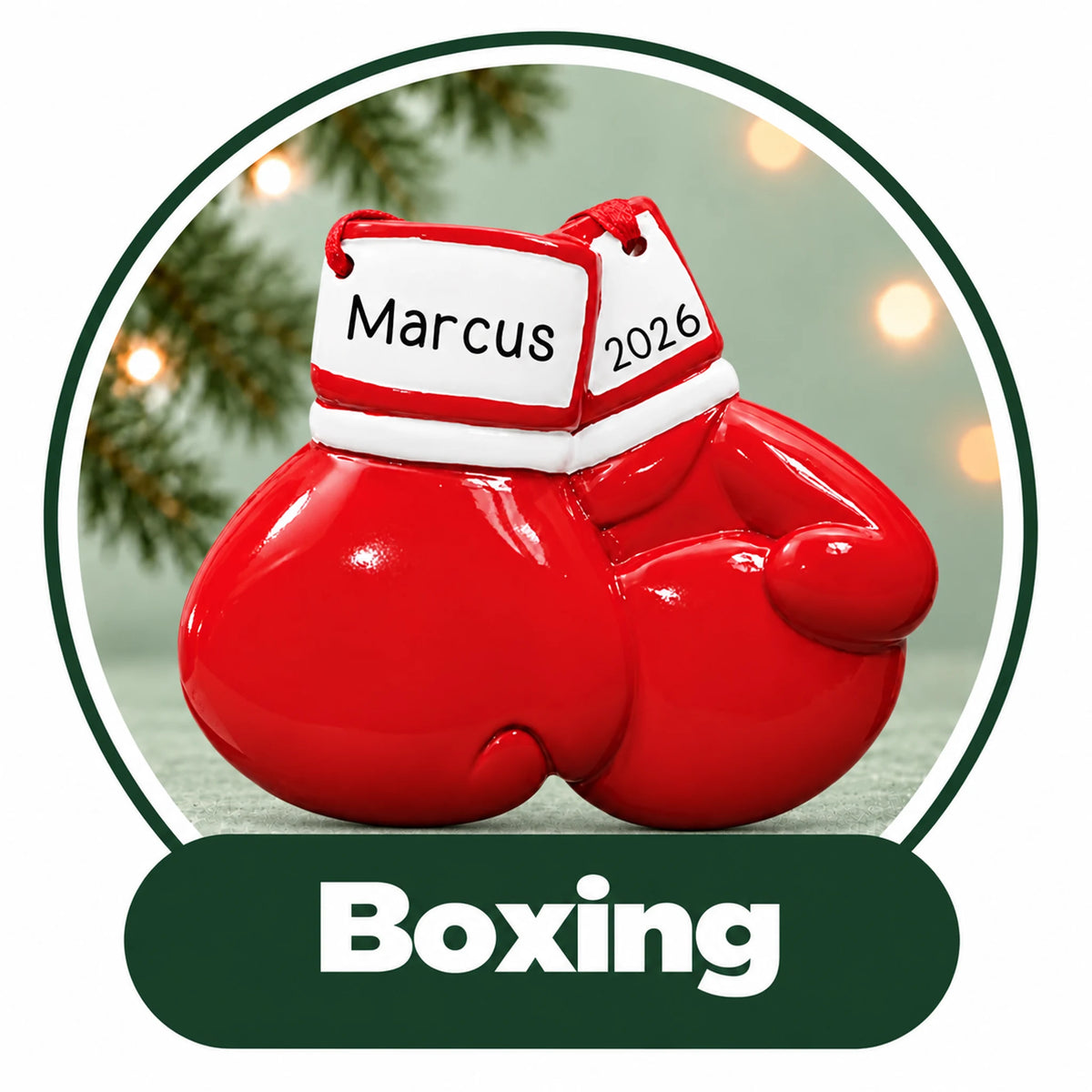 Personalized boxing Christmas ornament: pair of red boxing gloves with custom name and year on the cuffs