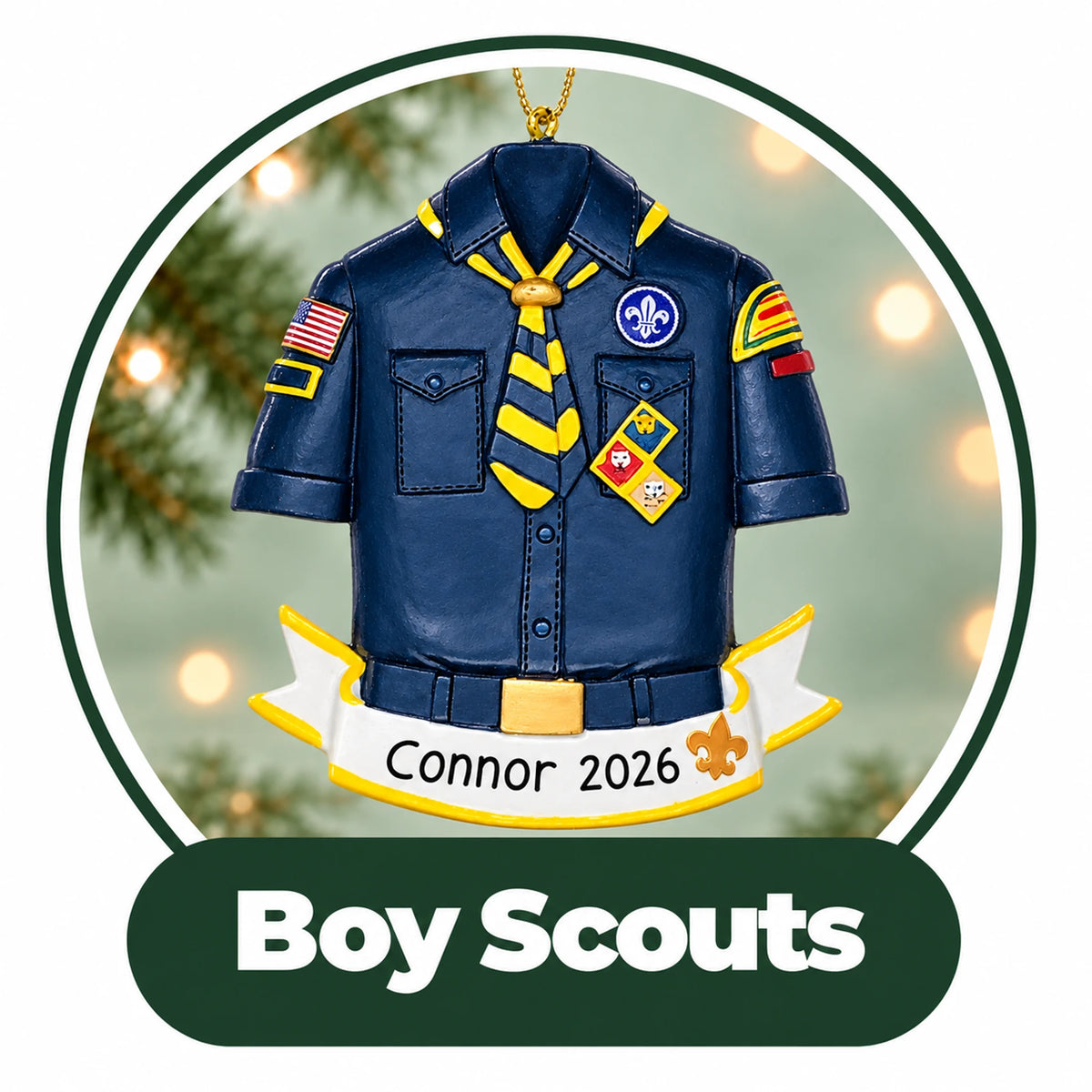 Personalized Boy Scout Christmas ornament: navy scout uniform shirt with yellow neckerchief and custom name banner