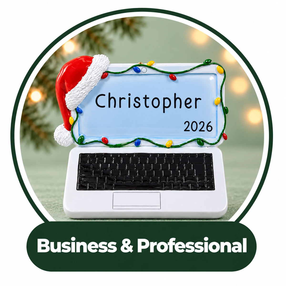Personalized business and professional Christmas ornament: laptop in a Santa hat with custom name and year on screen
