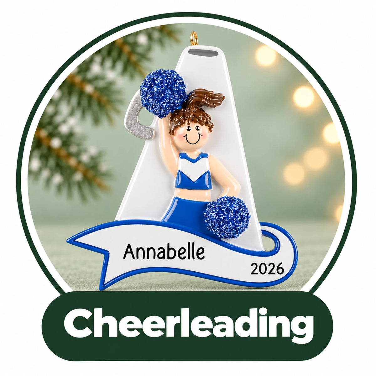 Personalized cheerleading Christmas ornament: cheerleader with blue pom-poms on a megaphone, custom name and year