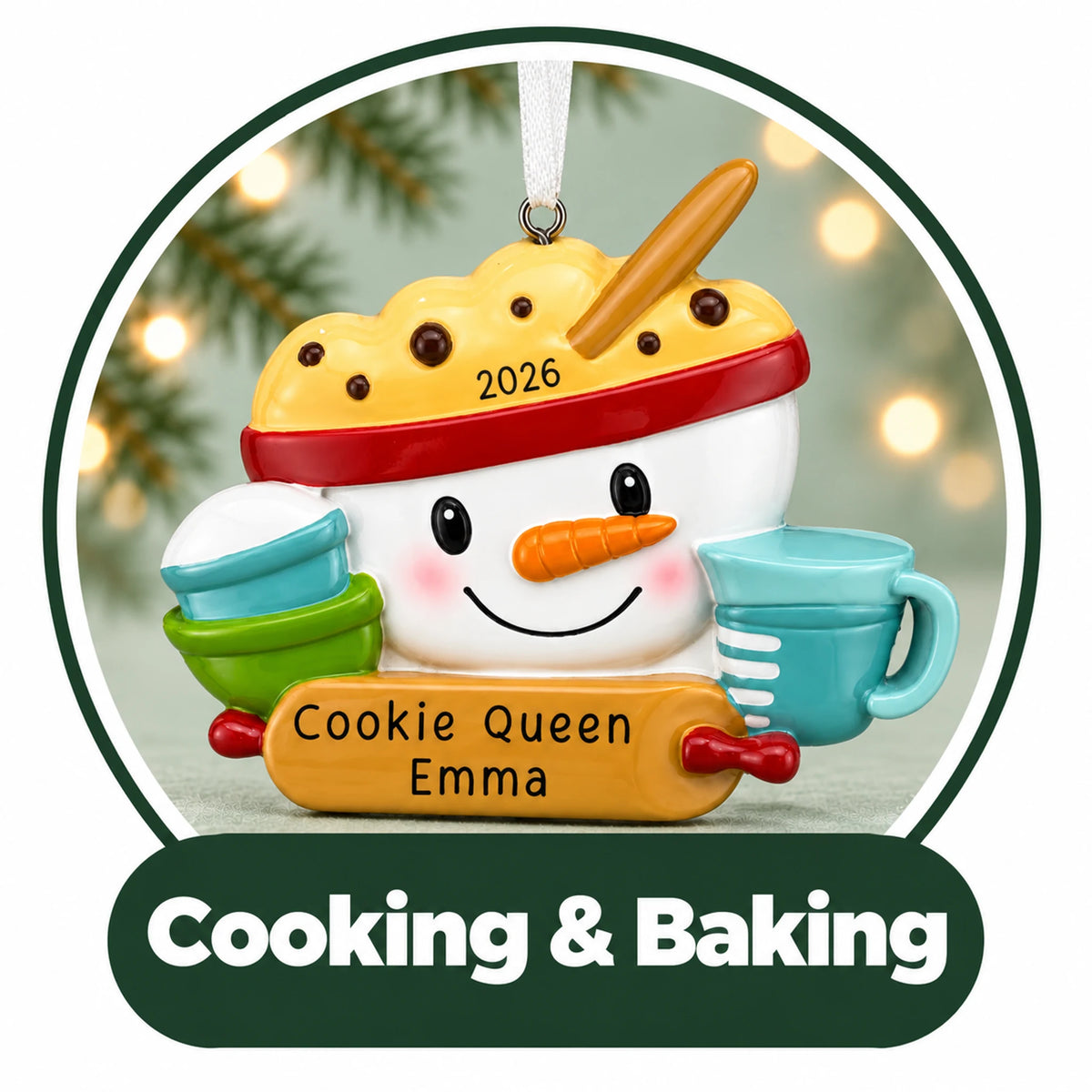 Personalized cooking and baking Christmas ornament: snowman mixing bowl with cookie dough and a named rolling pin