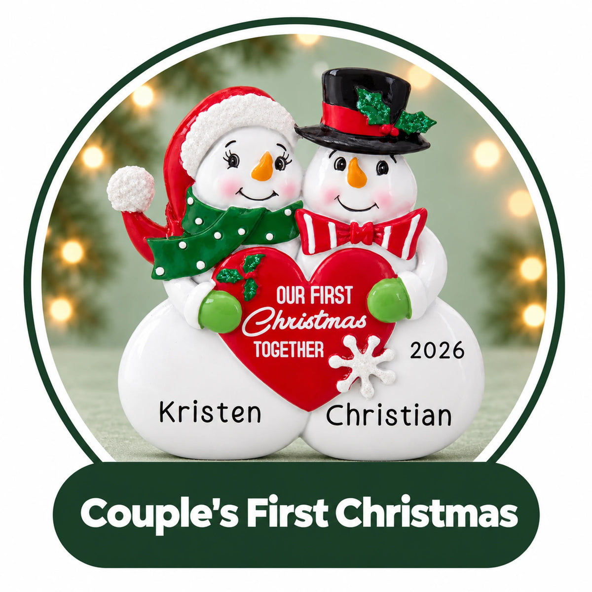 Personalized couple's first Christmas ornament: two snowmen holding an Our First Christmas Together heart with names