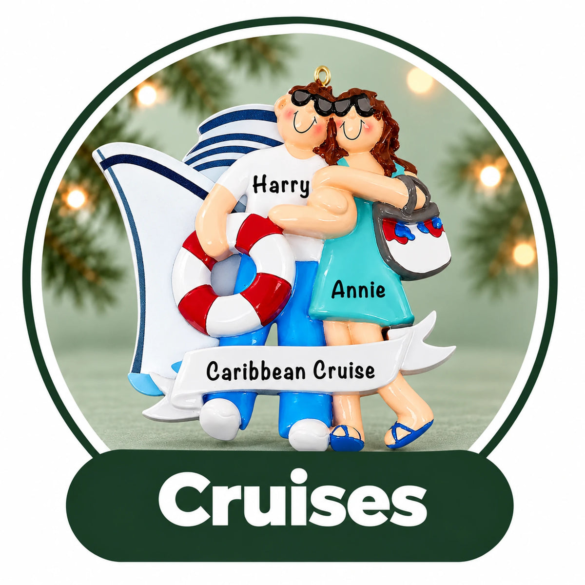 Personalized cruise Christmas ornament: couple in sunglasses with a cruise ship and life ring, names and trip banner
