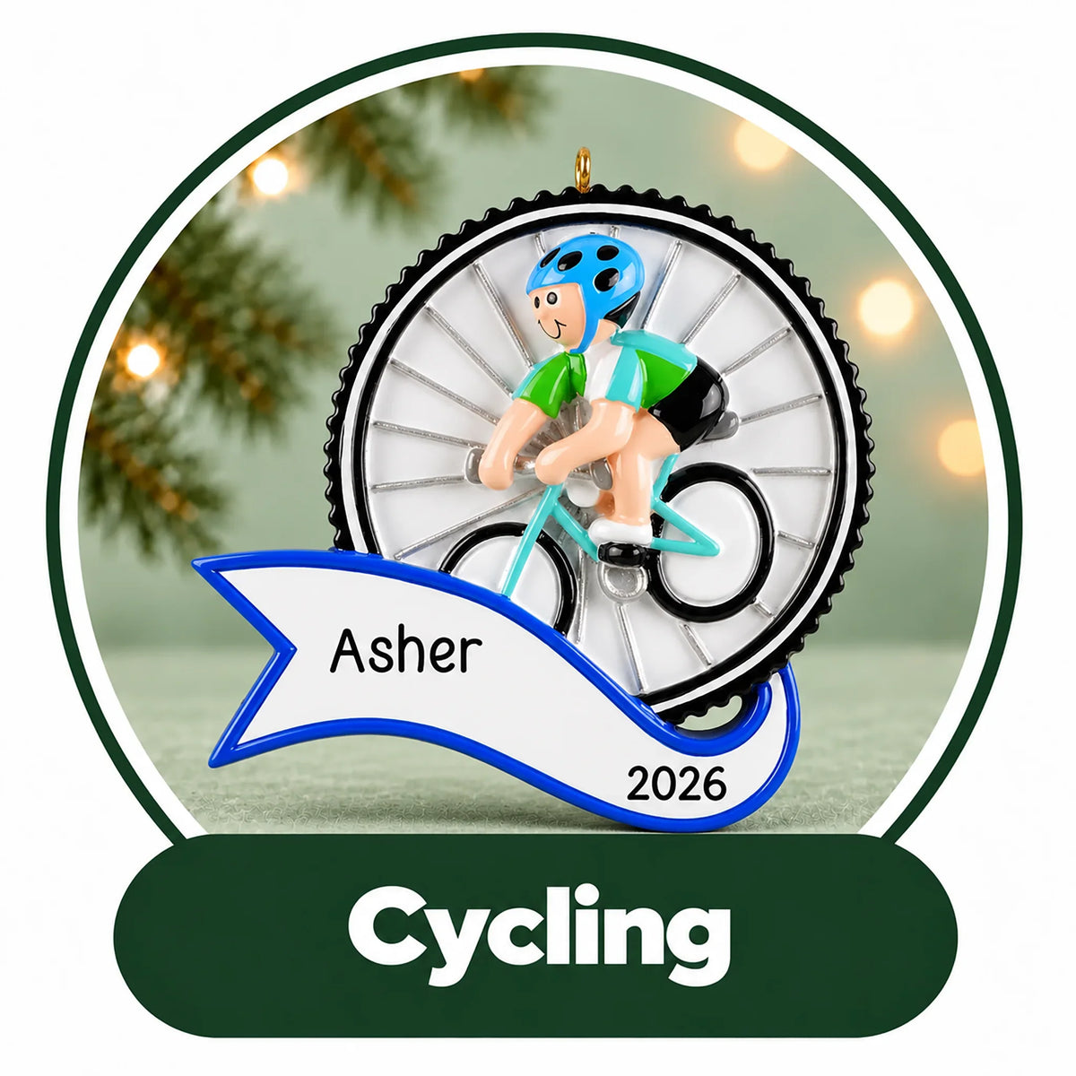 Personalized cycling Christmas ornament: cyclist in a blue helmet riding through a bike wheel, name and year