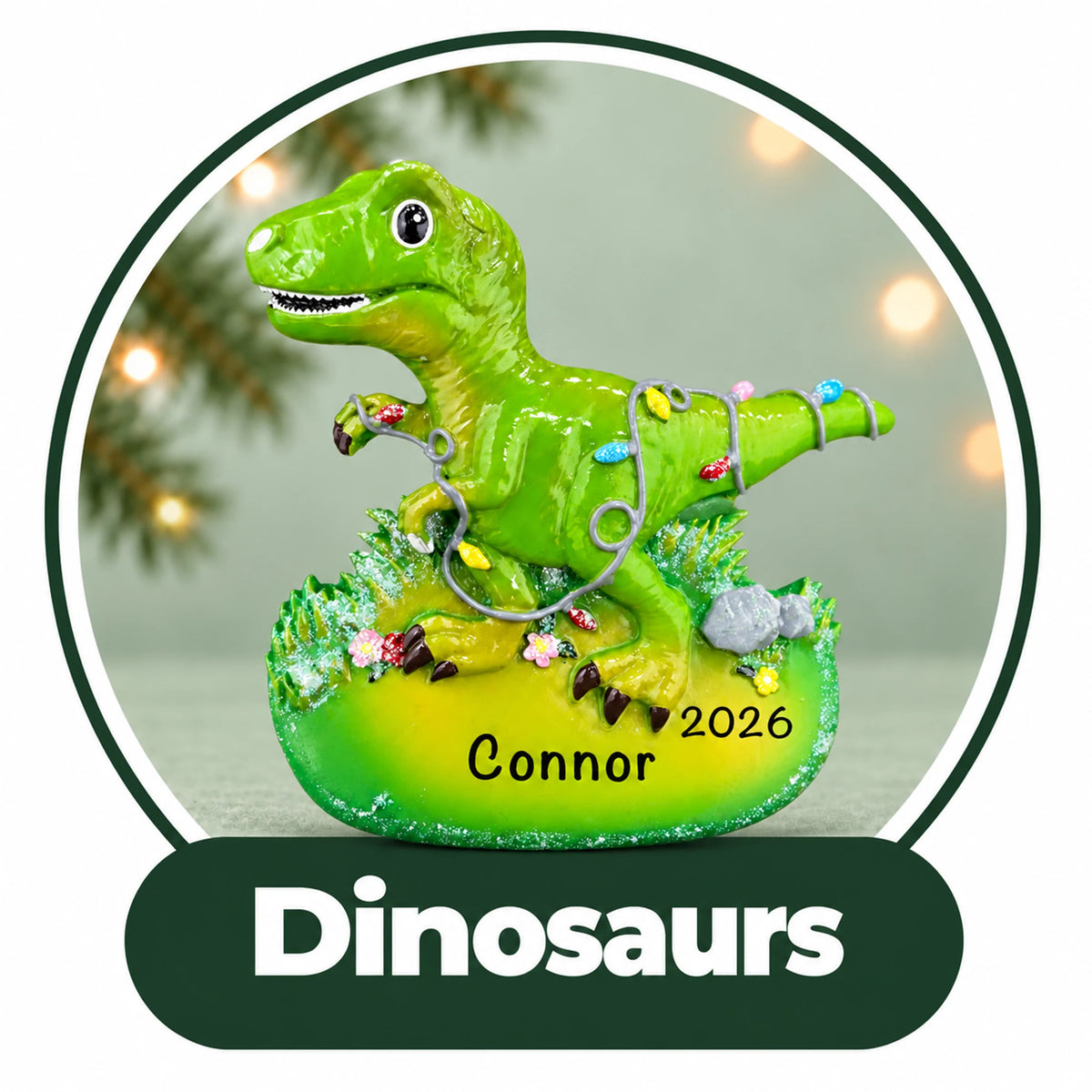 Personalized dinosaur Christmas ornament: green T. rex wrapped in holiday lights with custom name and year