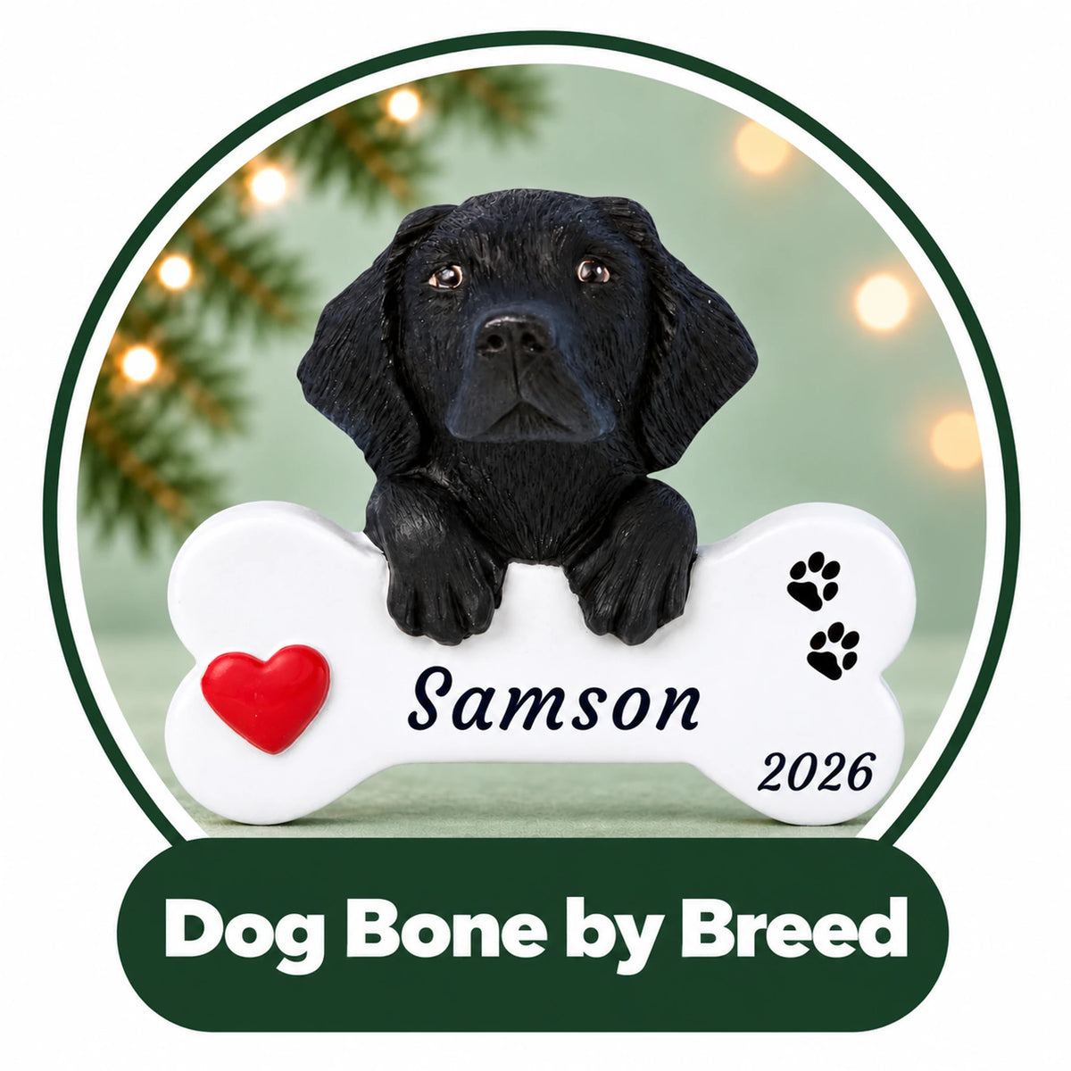 Personalized dog bone Christmas ornament by breed: black Lab puppy resting on a white bone with custom name and year