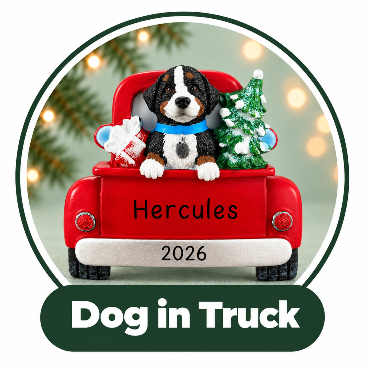Personalized dog in truck Christmas ornament: puppy riding in a red pickup with a tree and gifts, custom name and year