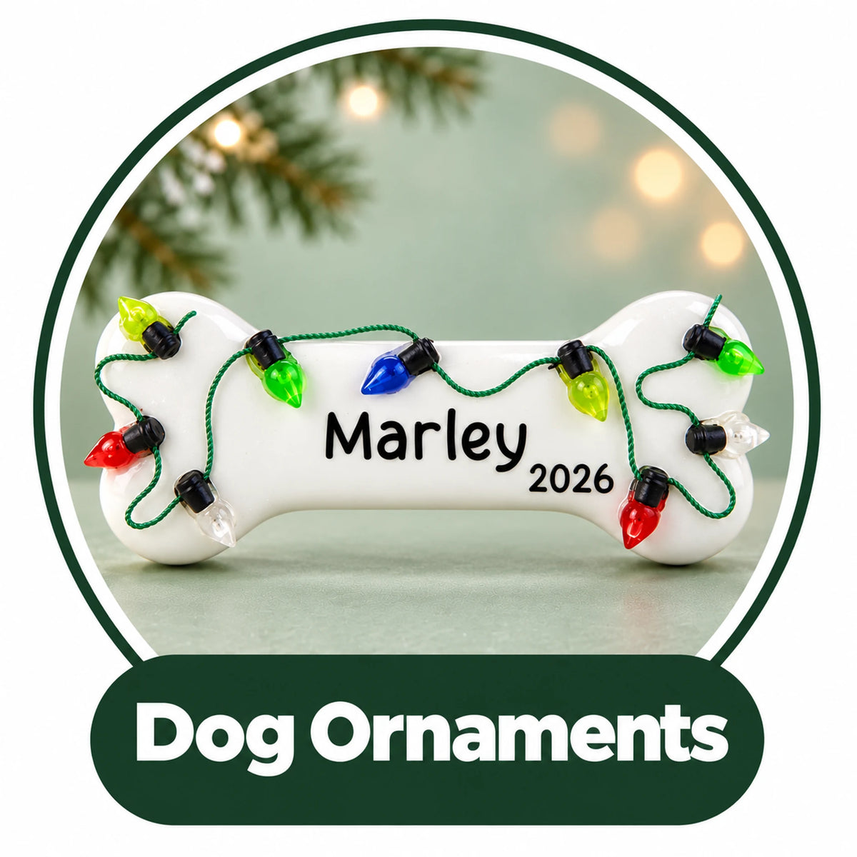 Personalized dog Christmas ornament: white dog bone wrapped in colorful holiday lights with custom pet name and year