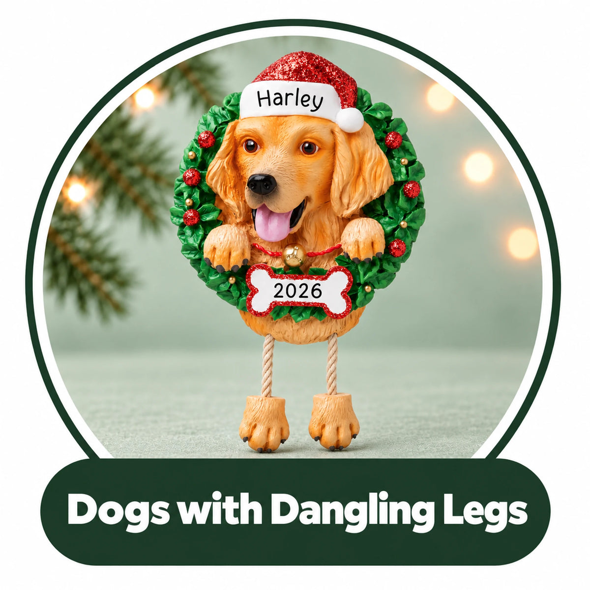 Personalized dog Christmas ornament with dangling legs: golden retriever in a holly wreath and Santa hat with name