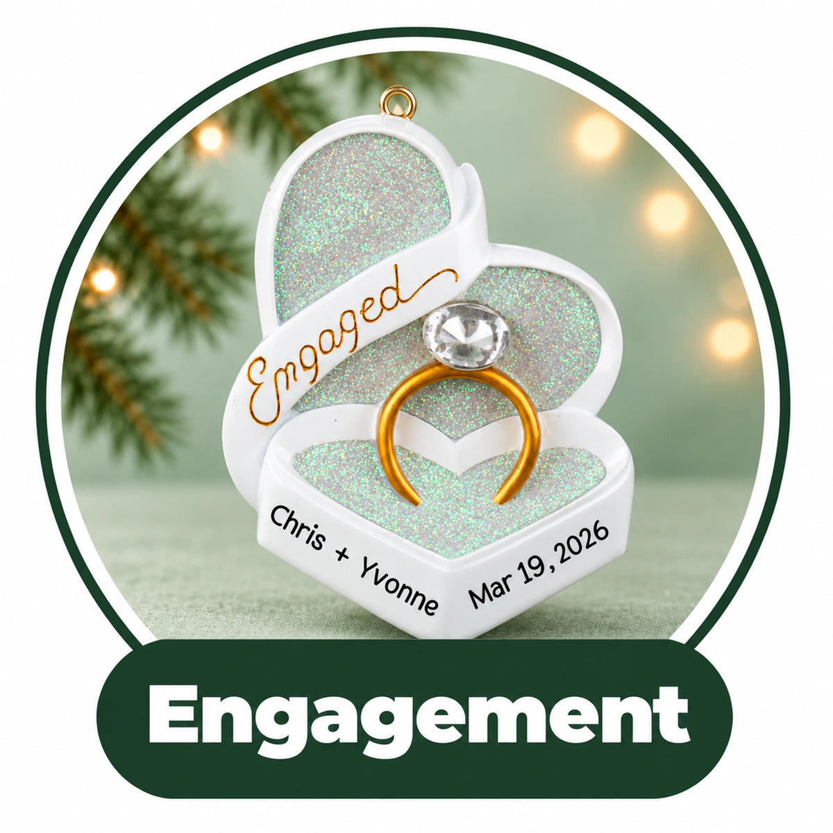 Personalized engagement Christmas ornament: heart ring box with a diamond ring, Engaged script, names and date