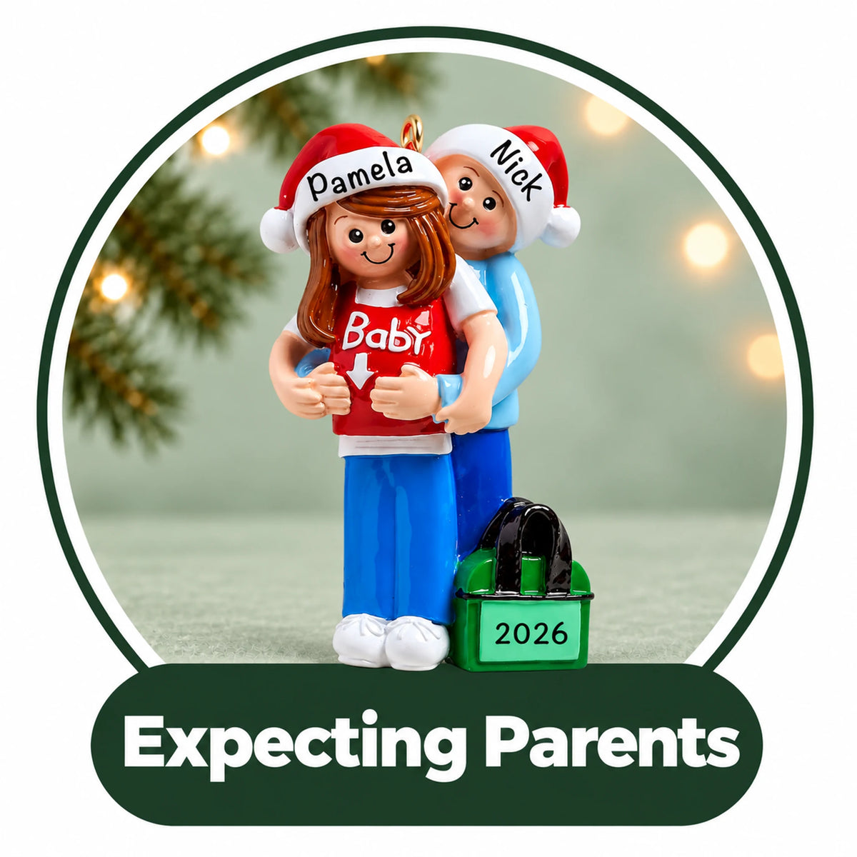 Personalized expecting parents Christmas ornament: couple in Santa hats, mom in a Baby shirt, with names and year